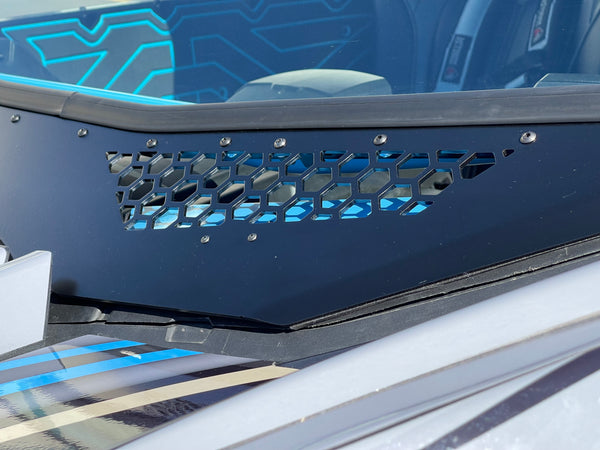 Moto Armor full glass windshield for Can-Am Maverick X3 with Voodoo Riders cage, featuring vents, DOT glass, and billet mounts.