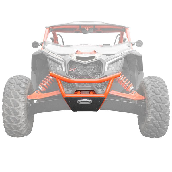 Factory UTV Can-Am Maverick X3 winch bumper with UHMW bash plate, winch mount, steel tubing, and light tabs for 2017–2021+ models