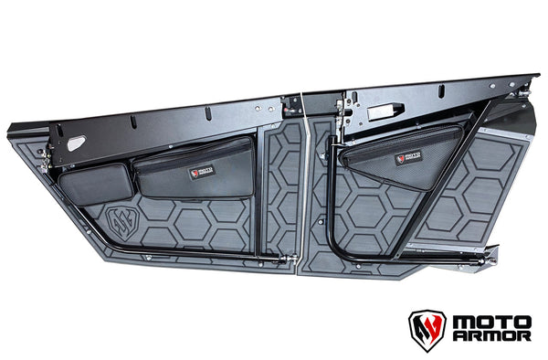 Moto Armor RZPRO4 interior door liners with CNC-cut foam and 3M adhesive, designed to reduce noise and enhance interior style