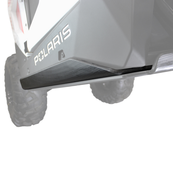 Side view of tough UHMW rock sliders installed on Polaris RZR 200, shielding rocker panels on rugged off-road trail ride