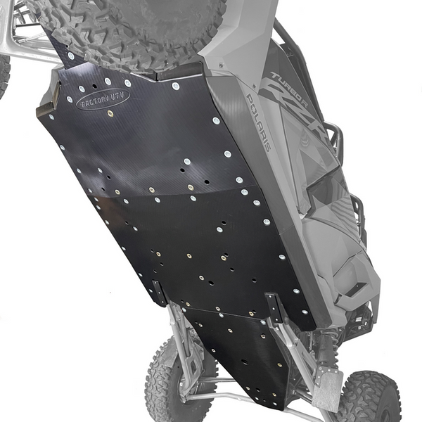Factory UTV Polaris RZR Turbo R 4 and Pro S 4 UHMW skid plate with X-Brace upgrade for elite off-road protection.