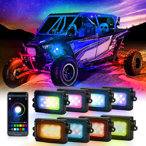 Magic Dream Color RGB LED Rock Lights Kit with Bluetooth APP Control, Multicolor Chasing Neon Underglow Lights for ATV UTV - Dunes 2 Dezert SXS