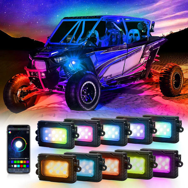 Magic Dream Color RGB LED Rock Lights Kit with Bluetooth APP Control, Multicolor Chasing Neon Underglow Lights for ATV UTV - Dunes 2 Dezert SXS