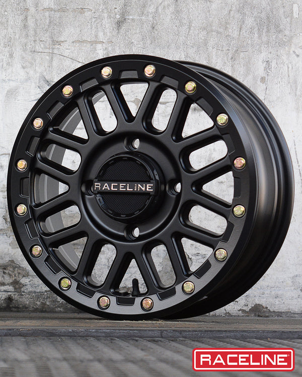 Raceline A93B Podium Beadlock satin black UTV wheel with 8-spoke mesh design and forged ring for race-ready off-road durability