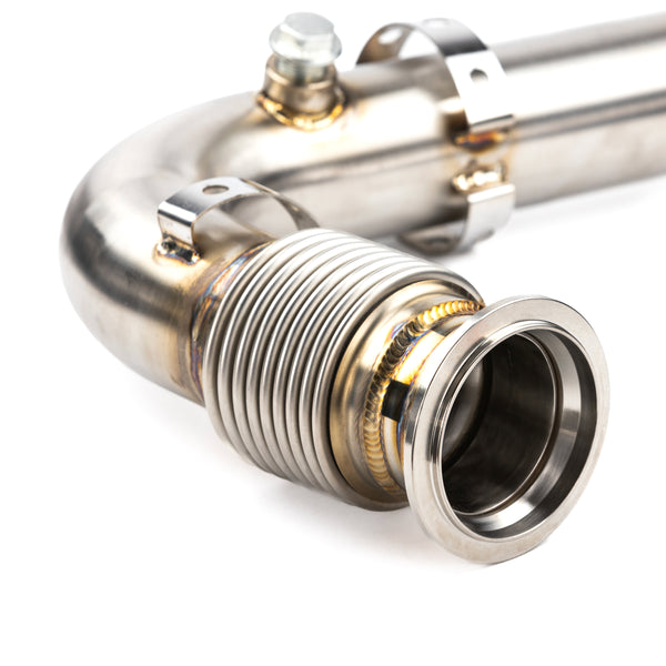 RPM TIG welded stainless mid pipe for Can-Am X3 Turbo, Turbo R, and RR with cat delete for max power and heat reduction.