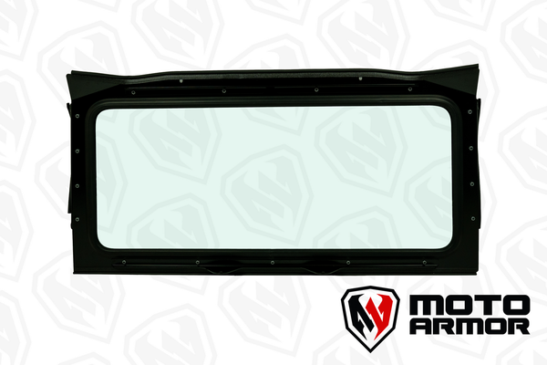 Moto Armor rear glass windshield for Can-Am Commander and Maverick Trail/Sport with aluminum frame, billet clamps, and wide visibility.
