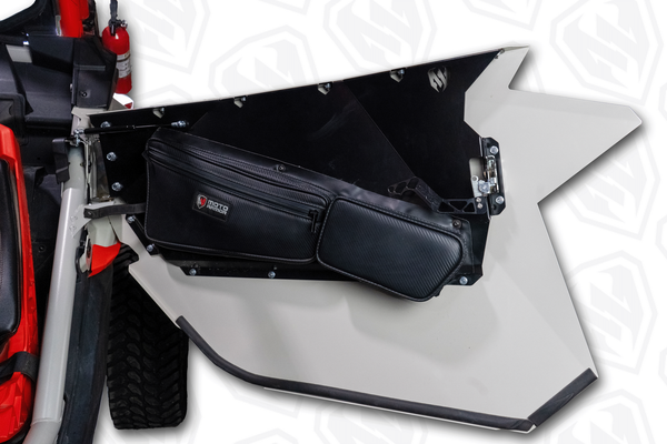 Moto Armor door bags for Can-Am Maverick X3 2-seat models, custom fit to Moto Armor doors, sold as a pair for added cab storage.