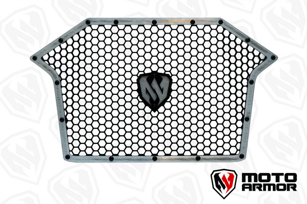 Moto Armor aluminum radiator grill for RZR Pro XP, Turbo R, and Pro R with honeycomb design and stainless hardware for airflow and protection.