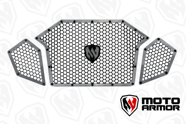 Moto Armor front grill set with honeycomb aluminum design for Polaris Turbo R and Pro R models, provides airflow protection and sleek styling.
