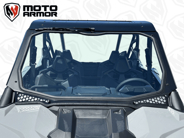 Moto Armor Max Visibility Full Glass Windshield for Polaris RZR PRO XP, TURBO R, PRO R (2-Seat) – DOT Glass, Honeycomb Vents, CNC Aluminum Frame
