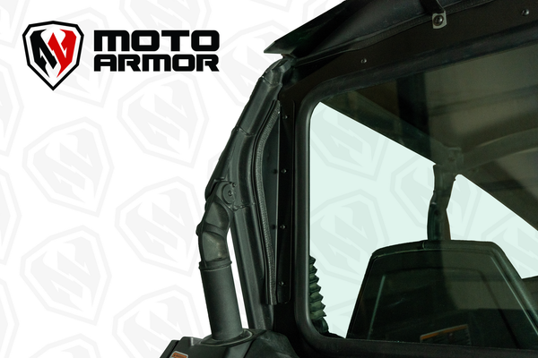Moto Armor rear glass windshield for Can-Am Commander and Maverick Trail/Sport with aluminum frame, billet clamps, and wide visibility.