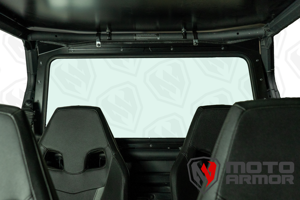 Moto Armor rear glass windshield for Can-Am Commander and Maverick Trail/Sport with aluminum frame, billet clamps, and wide visibility.
