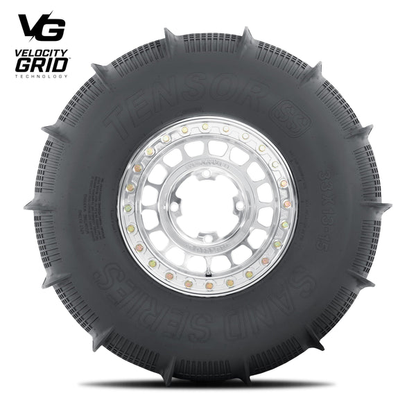 Tensor SS Sand Series paddle tire for UTVs with Velocity Grid design, 33 and 35 inch sizes, for ultimate sand traction and control.