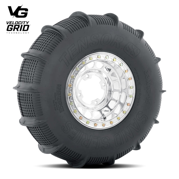 Tensor SS Sand Series paddle tire for UTVs with Velocity Grid design, 33 and 35 inch sizes, for ultimate sand traction and control.