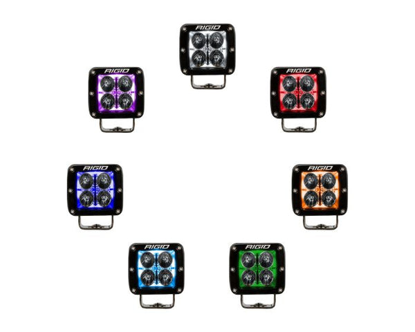 Rigid Radiance+ RGBW LED Pod Lights with 8 backlight color options and rugged housing, perfect for off-road use.