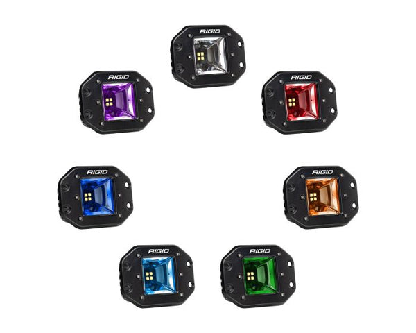 Rigid Radiance+ RGBW Flush Mount Scene Lights with 8 backlight colors, wide beam, and durable aluminum housing for off-road use