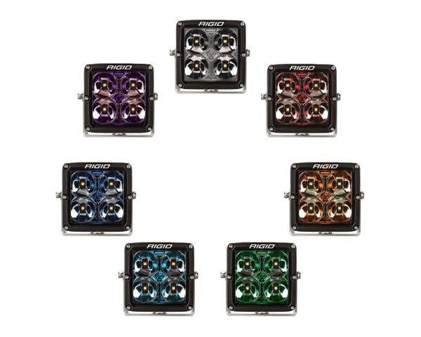 Rigid Radiance+ XL RGBW Pods with 8 backlight colors, IP68 waterproof rating, and rugged housing for off-road lighting applications