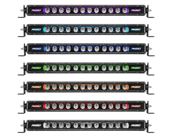 Rigid Industries 20-inch Radiance Plus SR-Series LED Light Bar with 8 RGB backlight color options and single-row spot optics.