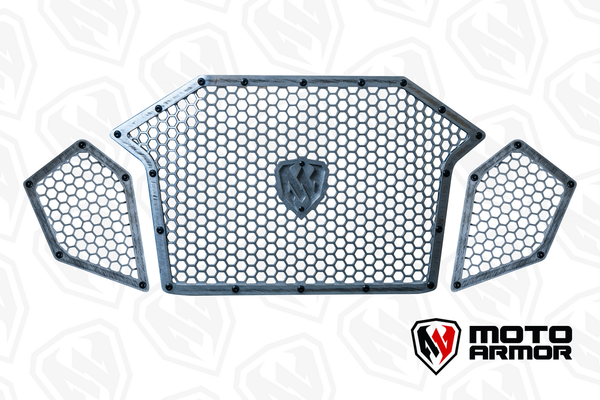Moto Armor front grill set with honeycomb aluminum design for Polaris Turbo R and Pro R models, provides airflow protection and sleek styling.