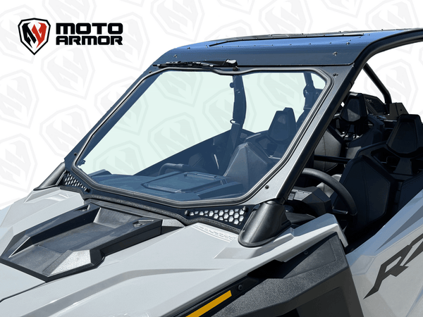 Moto Armor Max Visibility Full Glass Windshield for Polaris RZR PRO XP, TURBO R, PRO R (2-Seat) – DOT Glass, Honeycomb Vents, CNC Aluminum Frame