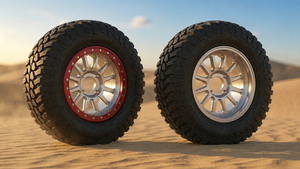 A UTV beadlock wheel with a red bolt-on ring beside a smooth non-beadlock UTV wheel on desert sand