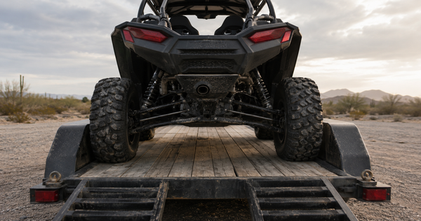 Side-by-side UTV loaded on an open deck trailer viewed from behind, showing how wheel offset affects clearance between the tires and the trailer fenders