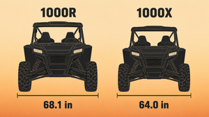 A wide sport side-by-side UTV beside a narrower model shown head-on, with dimension lines showing the Honda Talon 1000R at 68.1 inches wide and the 1000X at 64.0 inches