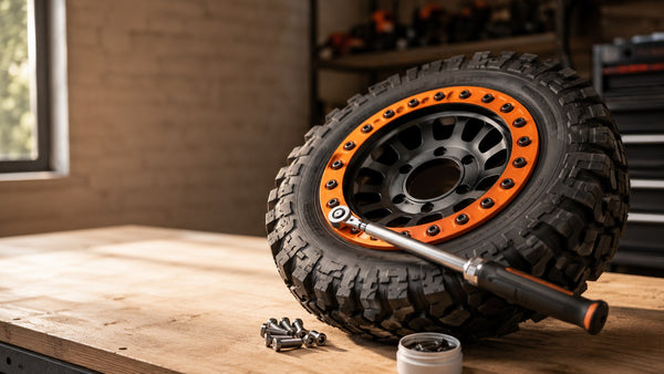 UTV beadlock wheel with an orange beadlock ring on a workbench beside a torque wrench, beadlock bolts, and anti-seize