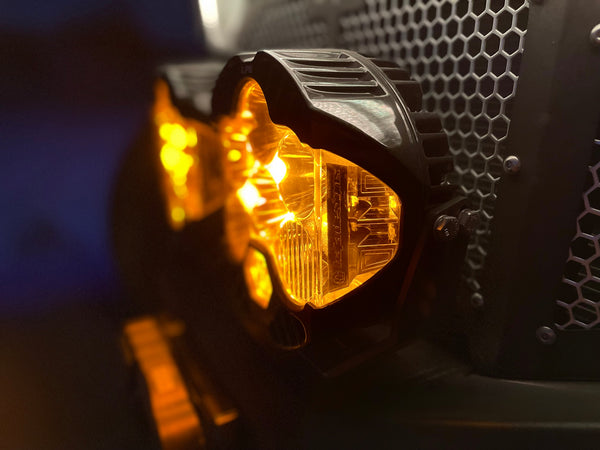 Baja Designs LP6 Pro amber LED pod light mounted on UTV bumper | Dunes 2 Dezert