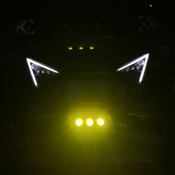 Polaris RZR Pro R front-end at night with amber pod lights and LED headlights | Dunes 2 Dezert
