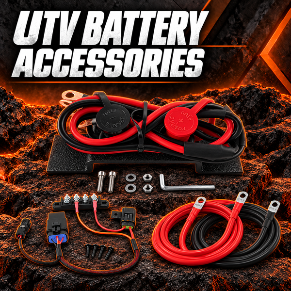 UTV battery accessories including terminal relocation kit, busbar harness and heavy-gauge battery cables