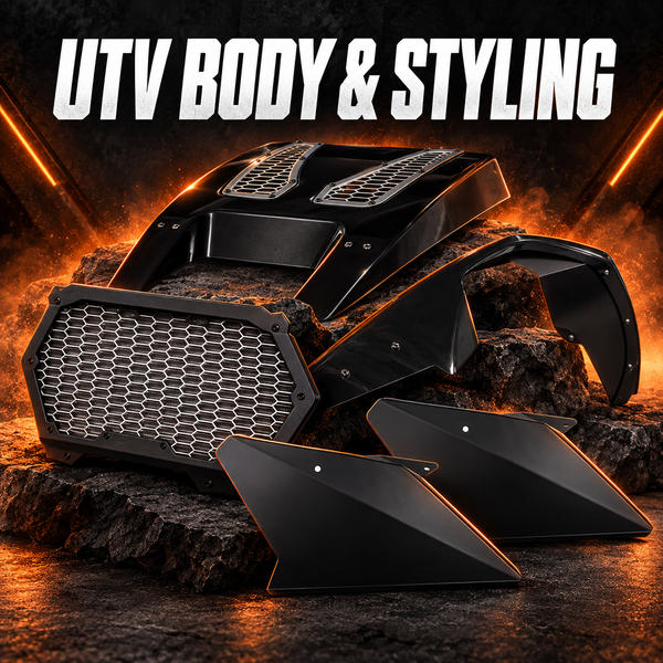 UTV body panels and exterior styling parts including hood, grille, fender and number plates