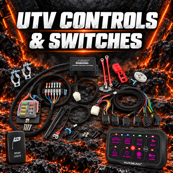 UTV controls and switches with XTC wiring system, AuxBeam switch panel and XTC rocker switch