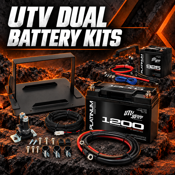 UTV dual battery kits with AGM batteries, isolators, wiring and vehicle-specific mounting hardware