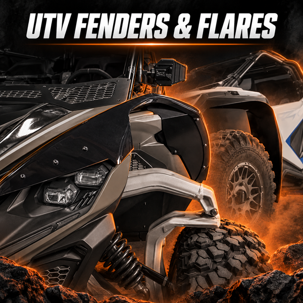 DRT and Assault Industries UTV fenders and fender flares with orange accent lighting