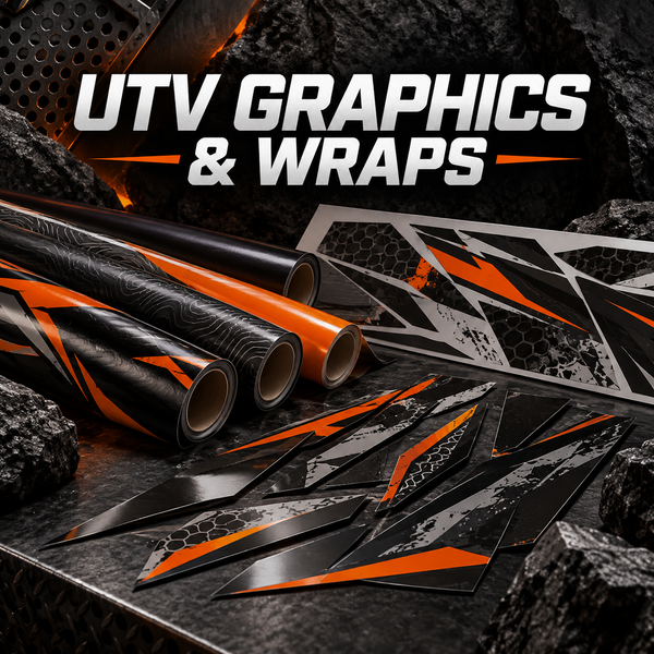 UTV graphics, vinyl wrap material and replacement decal shapes on an orange-accent background