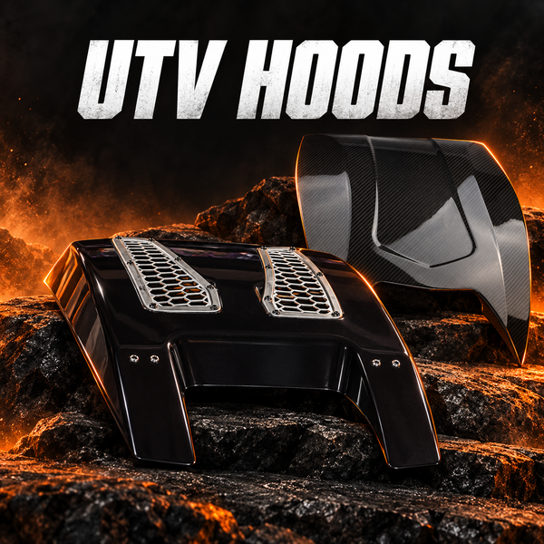 DRT hood scoop and RPM carbon fiber UTV hood with orange accent lighting