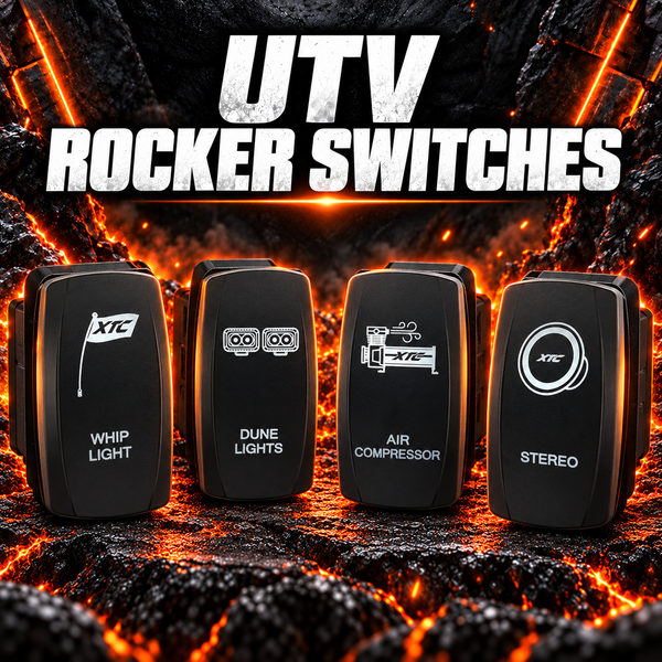 XTC UTV rocker switches with labeled covers for lights, compressor, whips and stereo