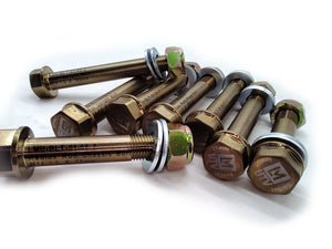 LM UTV Polaris RZR Pro R Radius Rod Bolt Kit detail showing the laser-etched logo
