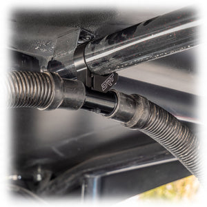 Universal billet aluminum dual helmet hose dock mount for UTVs with secure black anodized finish and dual pumper hose support