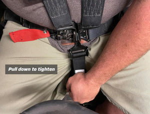 PRP silver off-road seat harness webbing and bolt-in tab detail