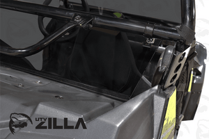 Tinted polycarbonate rear window for Polaris RZR 170 with quick strap mounting and harness access panels