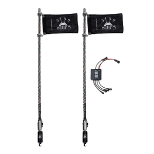5150 187 Platinum LED whip pair, two 187 Platinum whips with flags and controller on white background