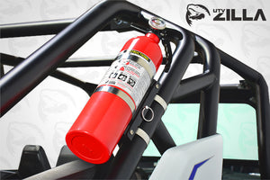 Universal UTV fire extinguisher mount made of aluminum, fits 2-inch roll bars and 3.25-inch extinguishers