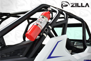Universal UTV fire extinguisher mount made of aluminum, fits 2-inch roll bars and 3.25-inch extinguishers
