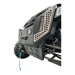 Heavy-duty CF Moto UForce U10 front bumper by AJK Offroad, showcasing rugged steel construction and mounting points.