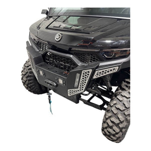 Heavy-duty CF Moto UForce U10 front bumper by AJK Offroad, showcasing rugged metal construction and mounting points for off-road protection.