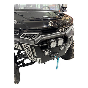 Heavy-duty CF Moto UForce U10 front bumper by AJK Offroad, showcasing rugged steel construction and mounting points.