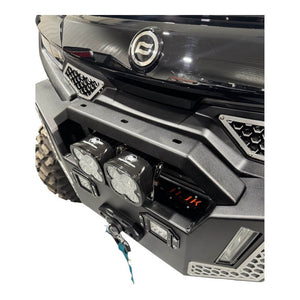 Heavy-duty CF Moto UForce U10 front bumper by AJK Offroad, showcasing rugged metal construction and mounting points.