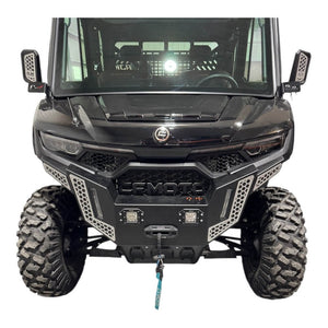 Heavy-duty CF Moto UForce U10 front bumper by AJK Offroad, showcasing rugged steel construction and mounting points.